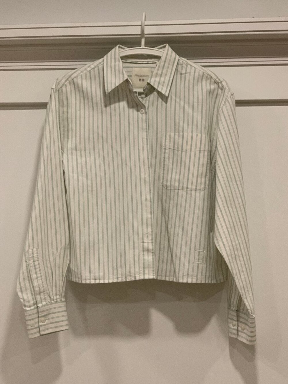 Women Uniqlo JW Anderson Oxford Boxy Crop Shirt in Green Striped